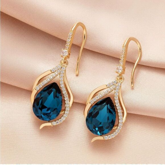 14K Yellow Gold and London Blue Topaz Austrian Crystal Twisted Teardrop Earrings - Picture 2 of 6
